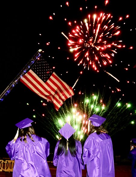 Perfect evening for 'Pomp and Circumstance' at Lemoore High School Graduation Grads and fireworks go well together.
